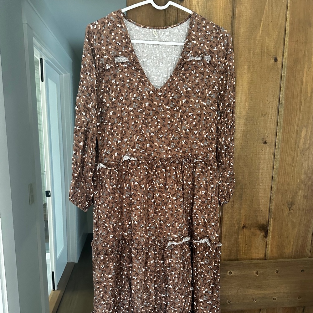Rylee + Cru Women's Brown Micro Floral Mabel Midi Dress Size Medium